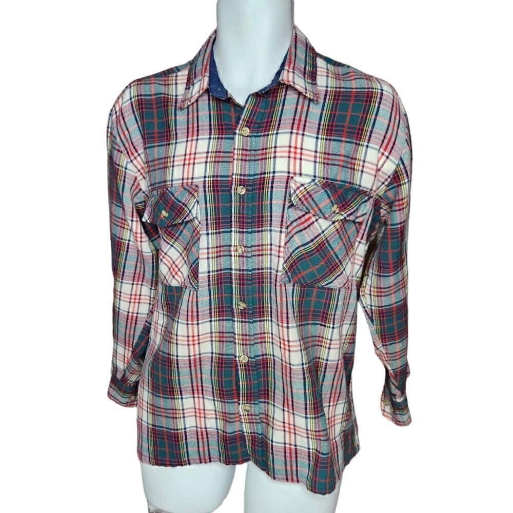 Backpacker Plaid Shirt Mens L 15-16.5 Button Down Casual Red Blue White Tartan